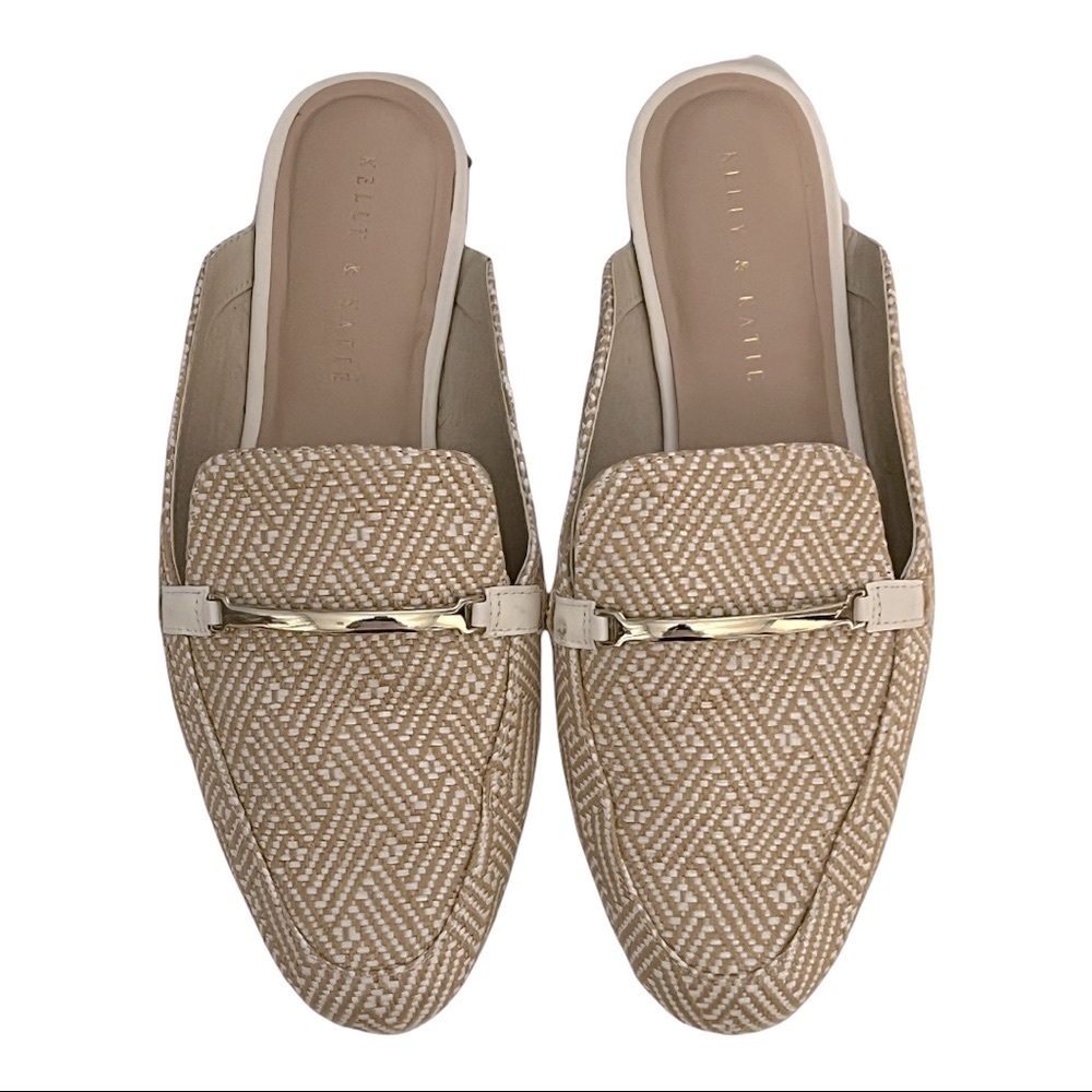 Kelly & Katie Oana Mule Tan White Woven Raffia Tweed Loafer Almond-Toe Flats 10M